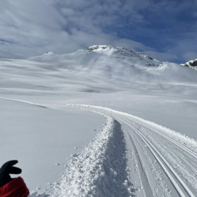 Snødekt fjellandskap med oppkjørte skispor
