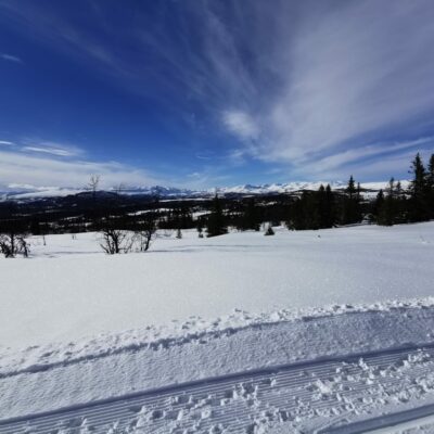 Landskapsbilde vinter. Blå himmel og noen skyer. Fjell i bakgrunnen.