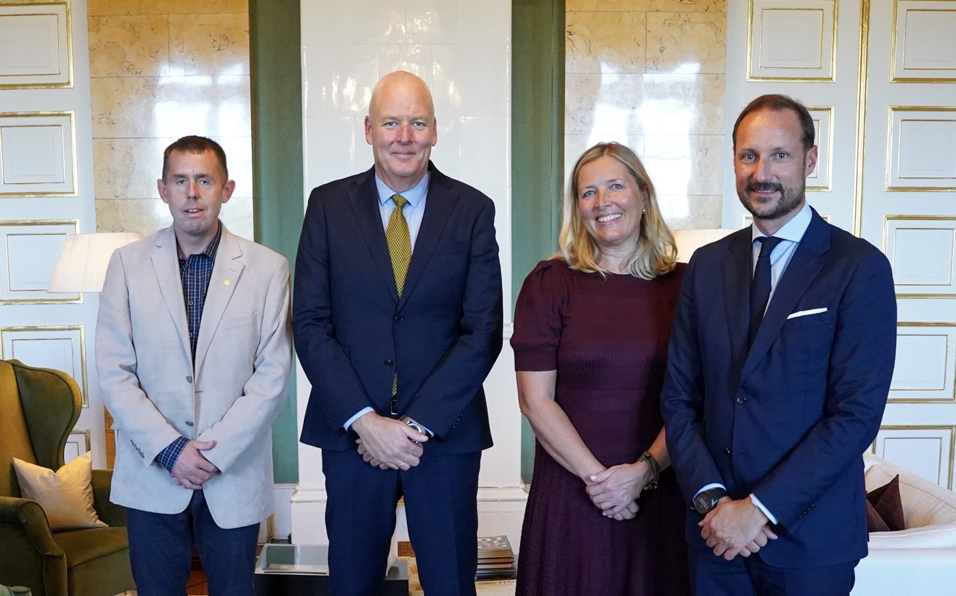 Nestleder Christian, styreleder Tom, Generalsekretær Anne-Kristin på audiens hos kronprins Haakon